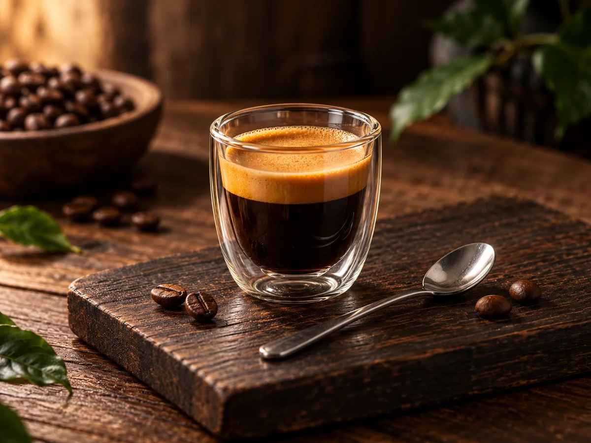 Ly espresso hai lớp với crema vàng trên khay gỗ