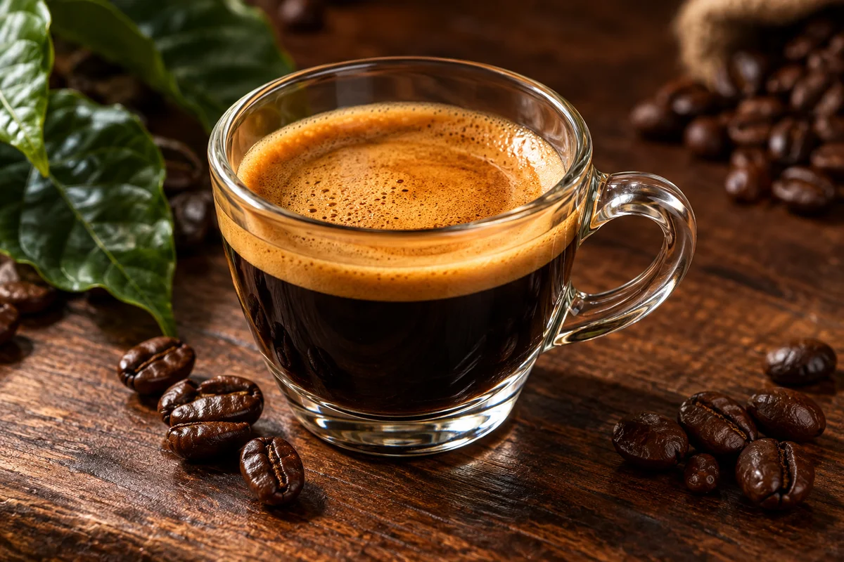 Ly cà phê Robusta đen với lớp crema vàng bên hạt cà phê rang