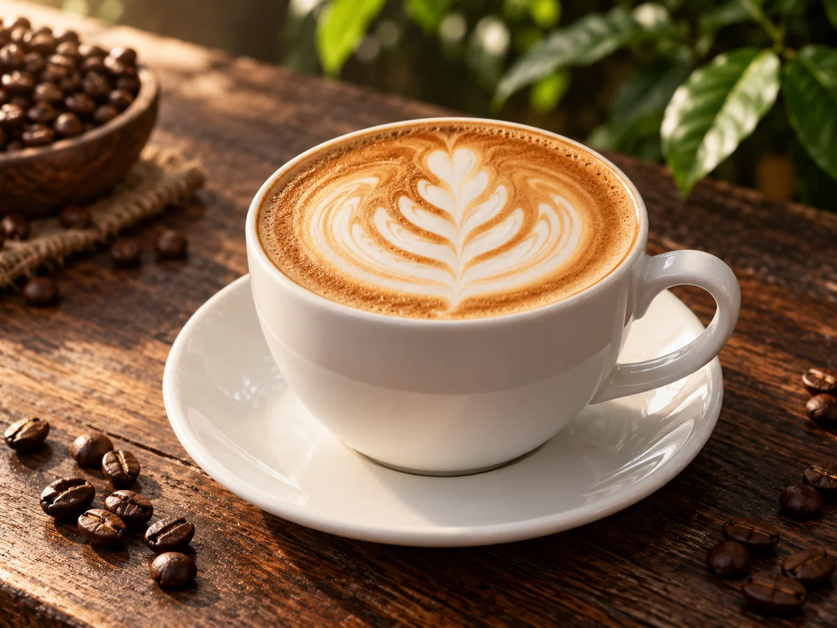 Tách cà phê phối Robusta và Arabica với lớp bọt sữa tạo hình chiếc lá